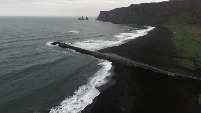 Sea Waves On Beautiful Black Sand Beach2c Birds Eye Aerial View Of ...