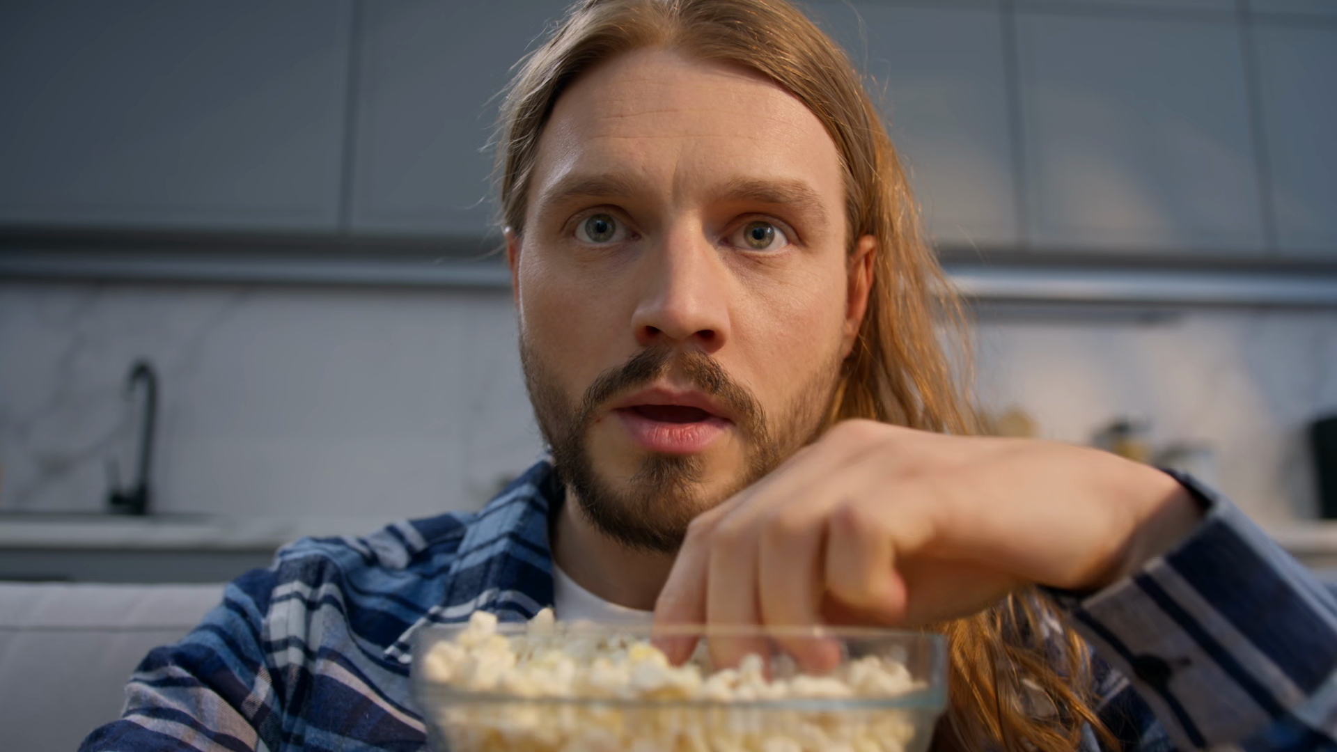 Focused Caucasian Man Binge Eating Popcorn Stock Footage SBV-353591677 ...
