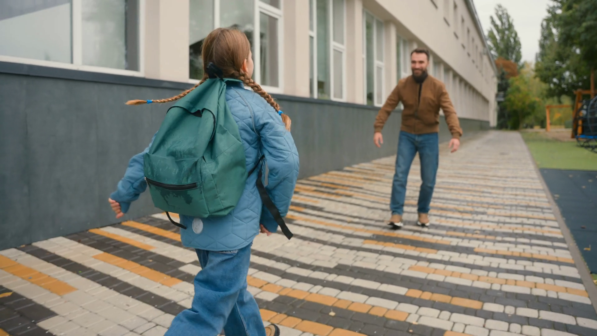 Little Girl Running Dad Back To School Stock Footage SBV-352887463 ...