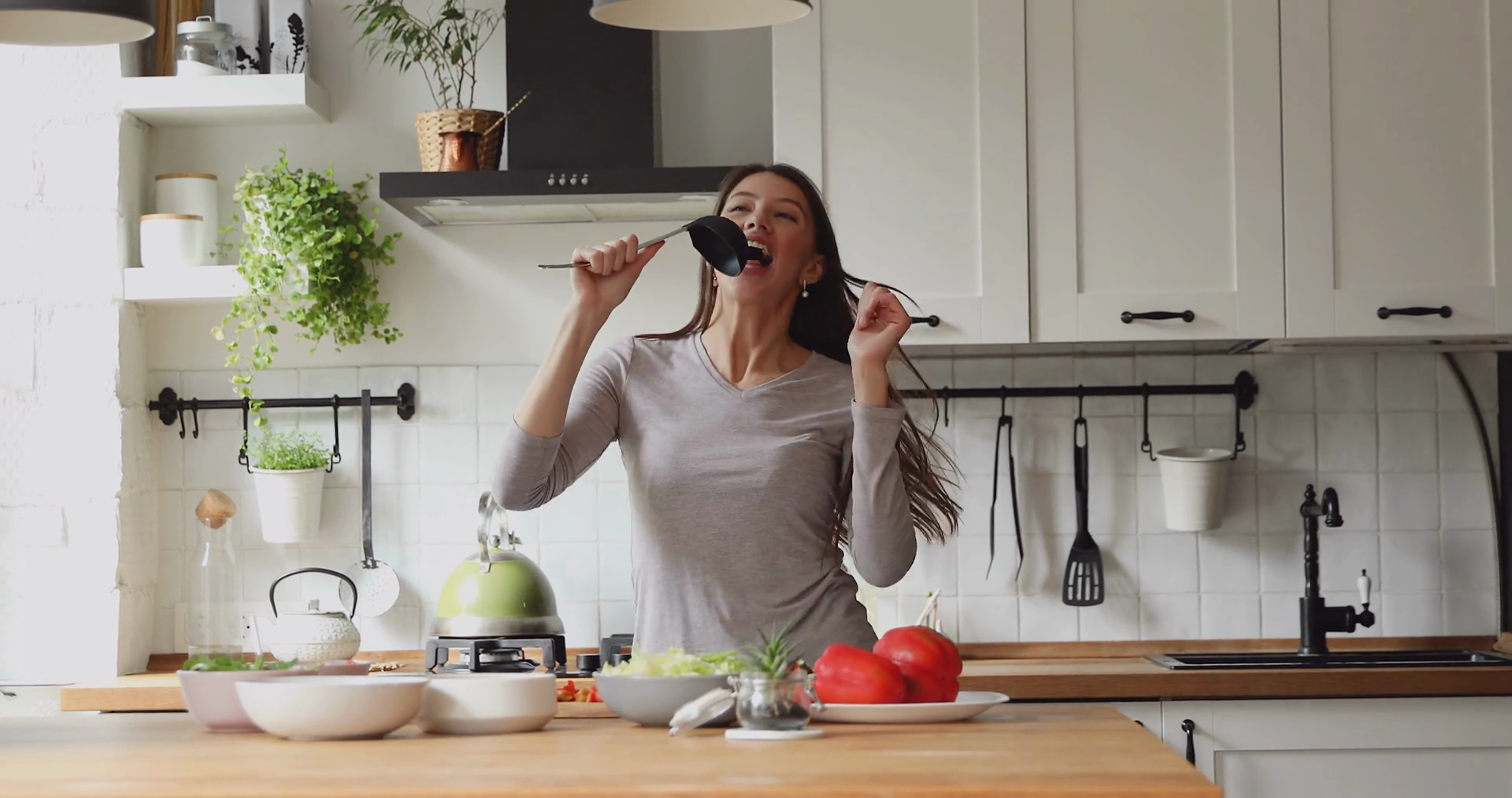 Joyful Woman Singing Cooking In Kitchen Stock Footage SBV-338834397 ...