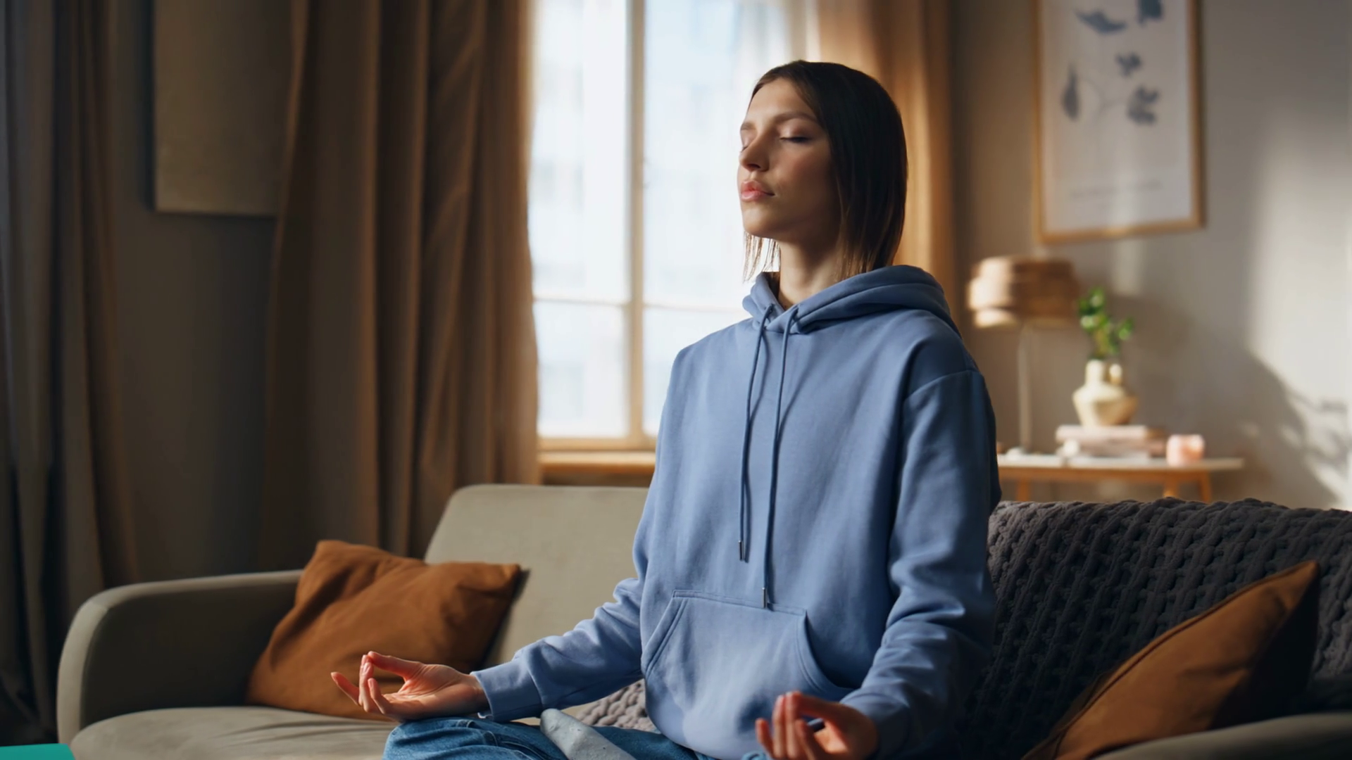 Girl Sitting Lotus Position At Home Couch Stock Footage SBV-349336737 ...