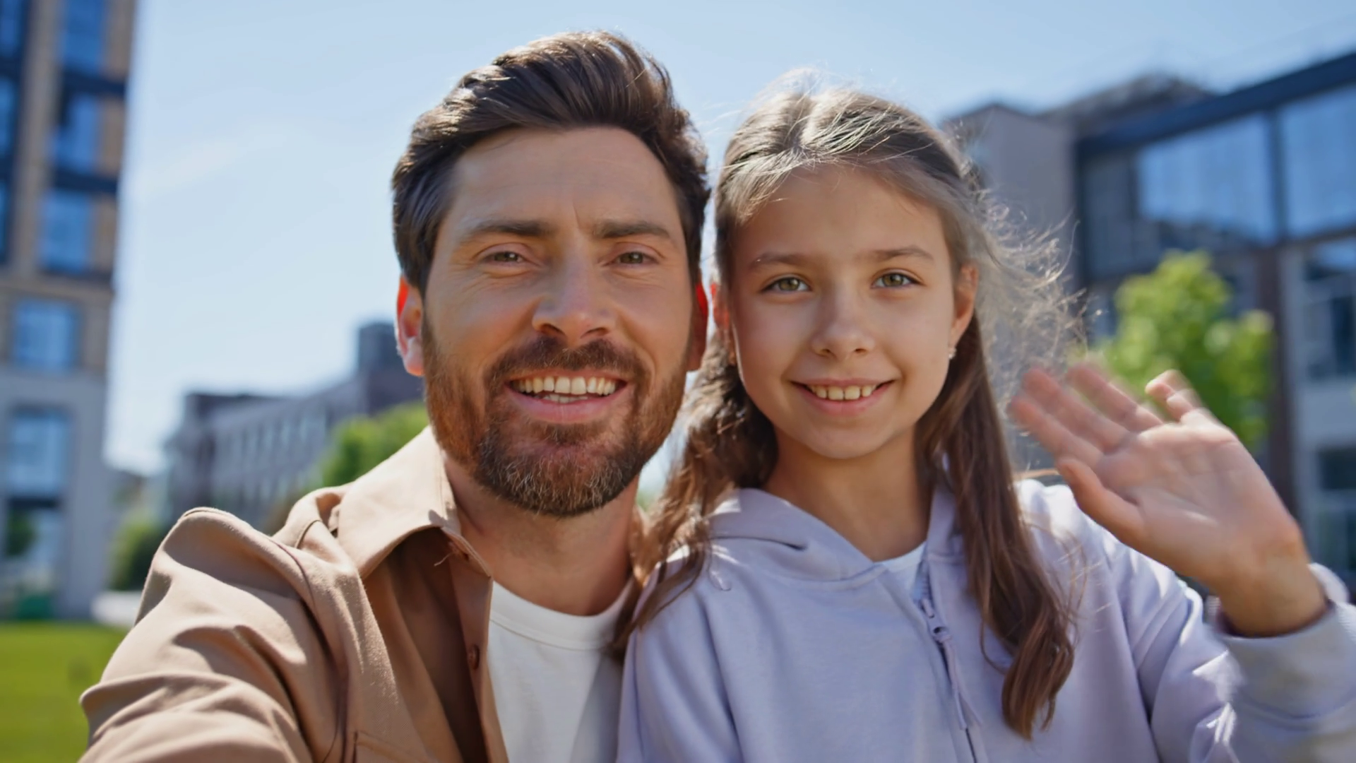 Father Daughter Waving Hands Looking Camera Stock Footage SBV-352036338 ...