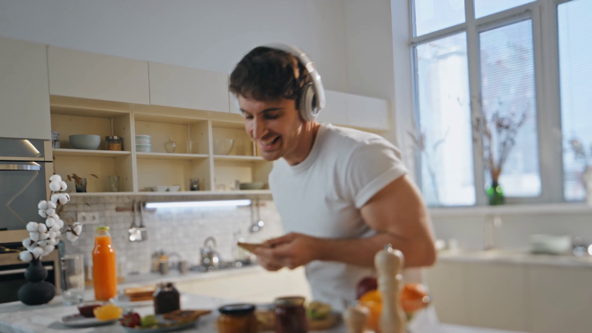 Man Listening Music Cooking In Wireless Stock Footage SBV-348949880 ...
