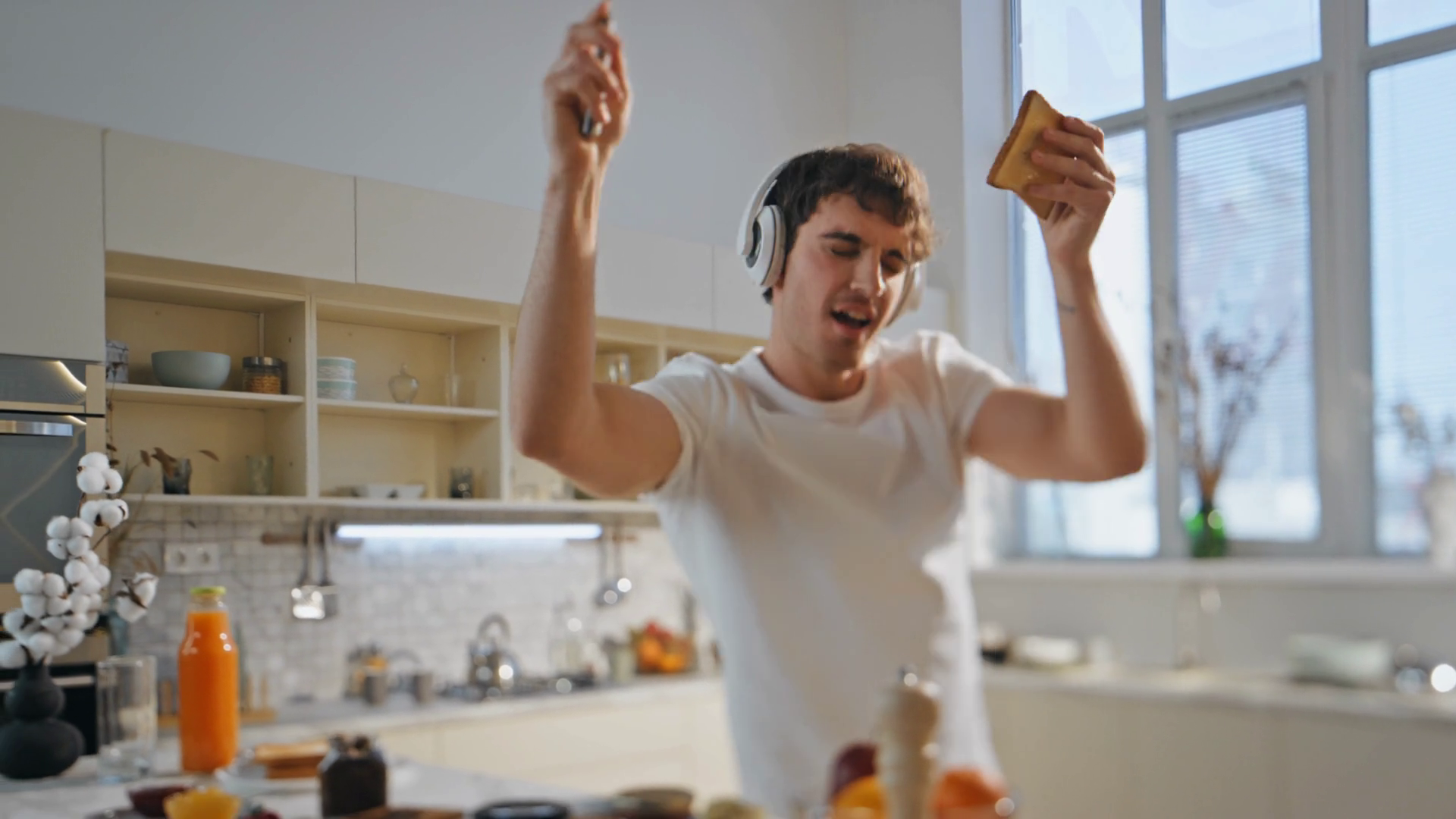 Funny Man Dancing Cooking In Headphones At Stock Footage SBV-348948866 ...