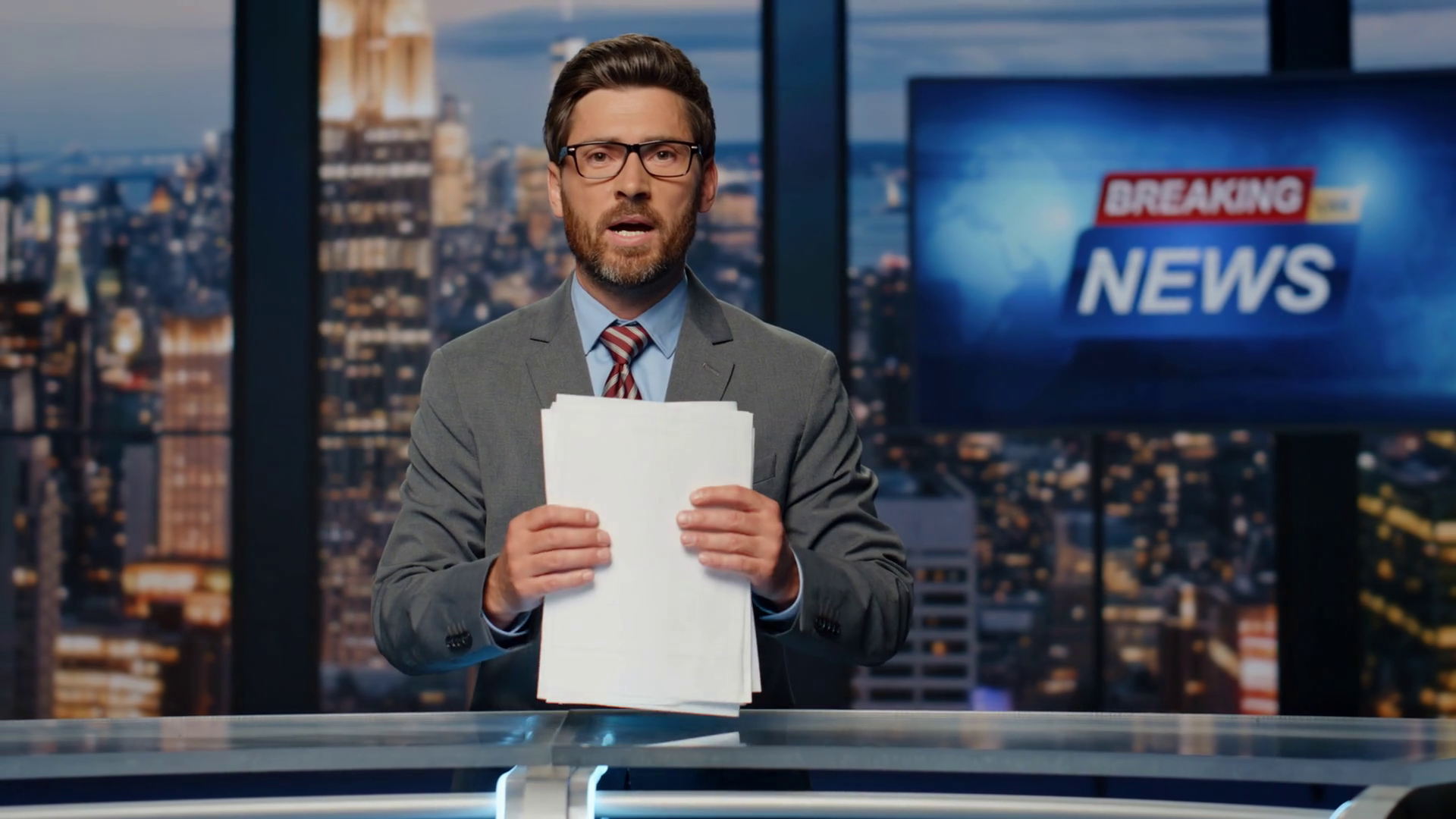 Bearded Newscaster Ending Program In Evening Stock Footage SBV ...