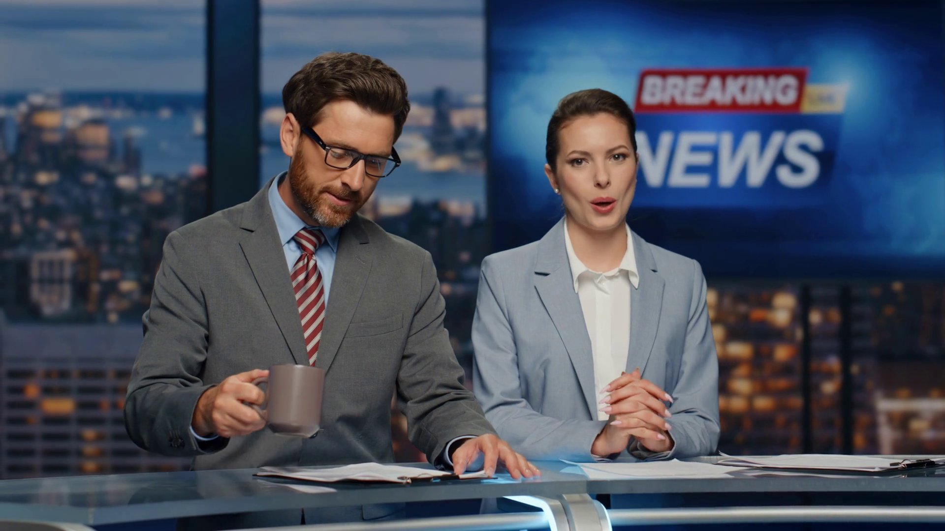 Confident Anchors Announcing News In Tv Stock Footage SBV-348858450 ...