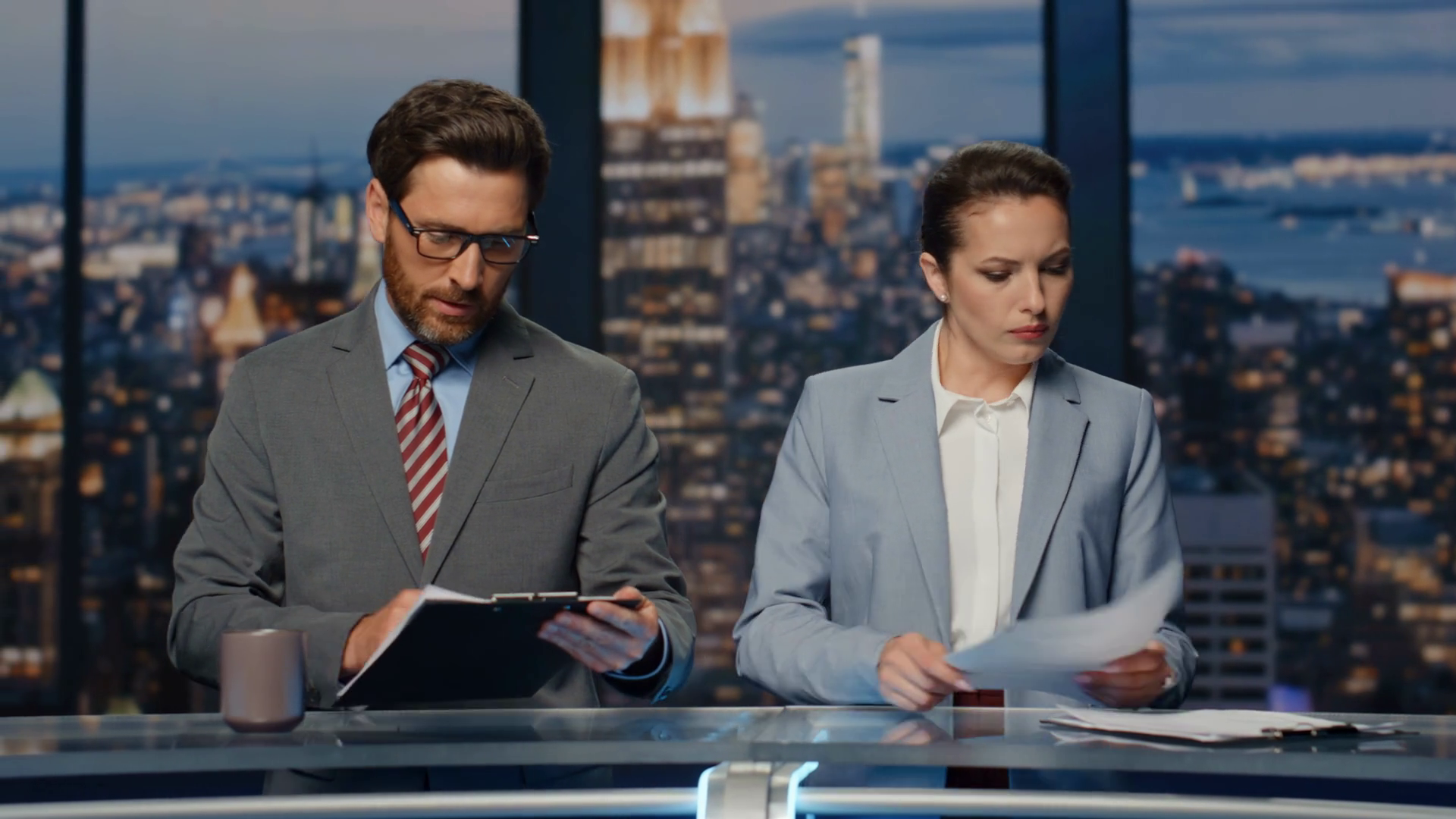 Confident Newsreaders Ending Evening News At Stock Footage SBV ...