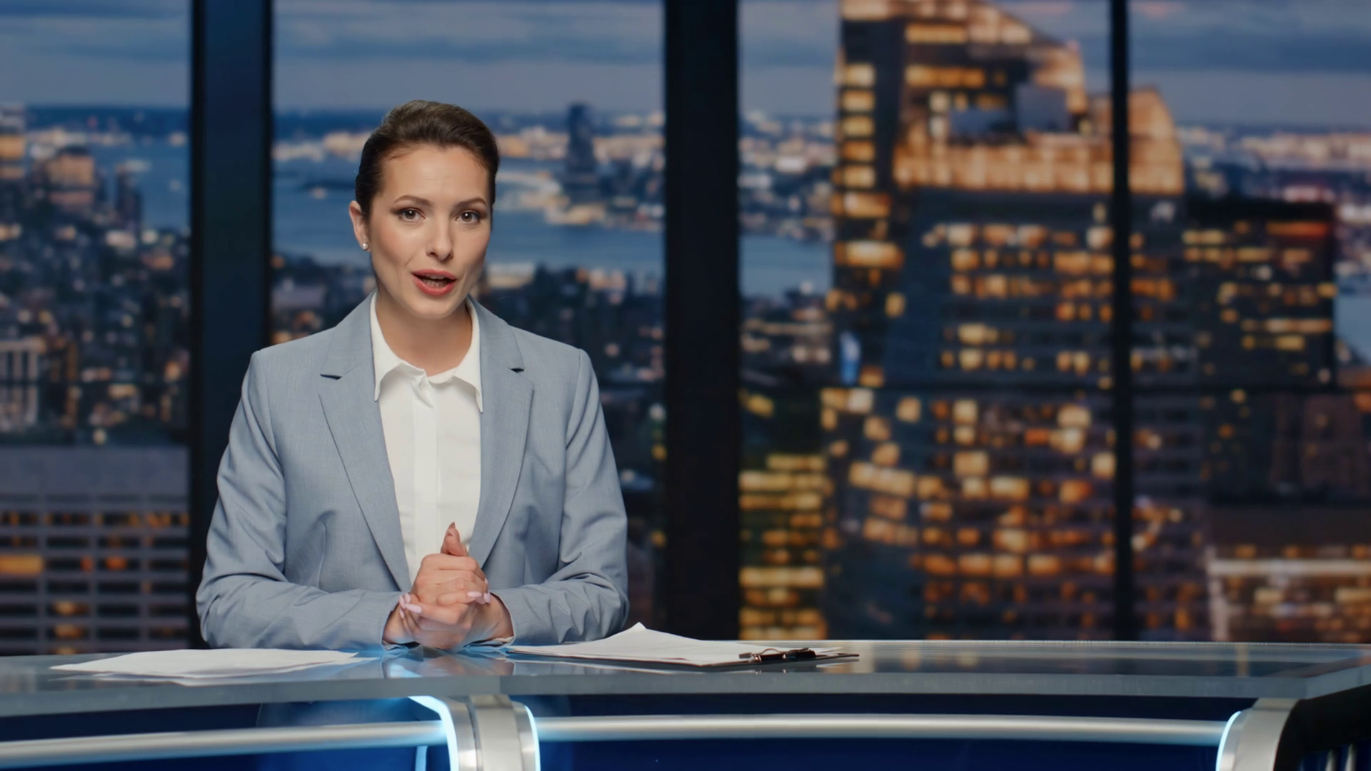 Friendly Newsreader Speaking Newscast Stock Footage SBV-348857354 ...