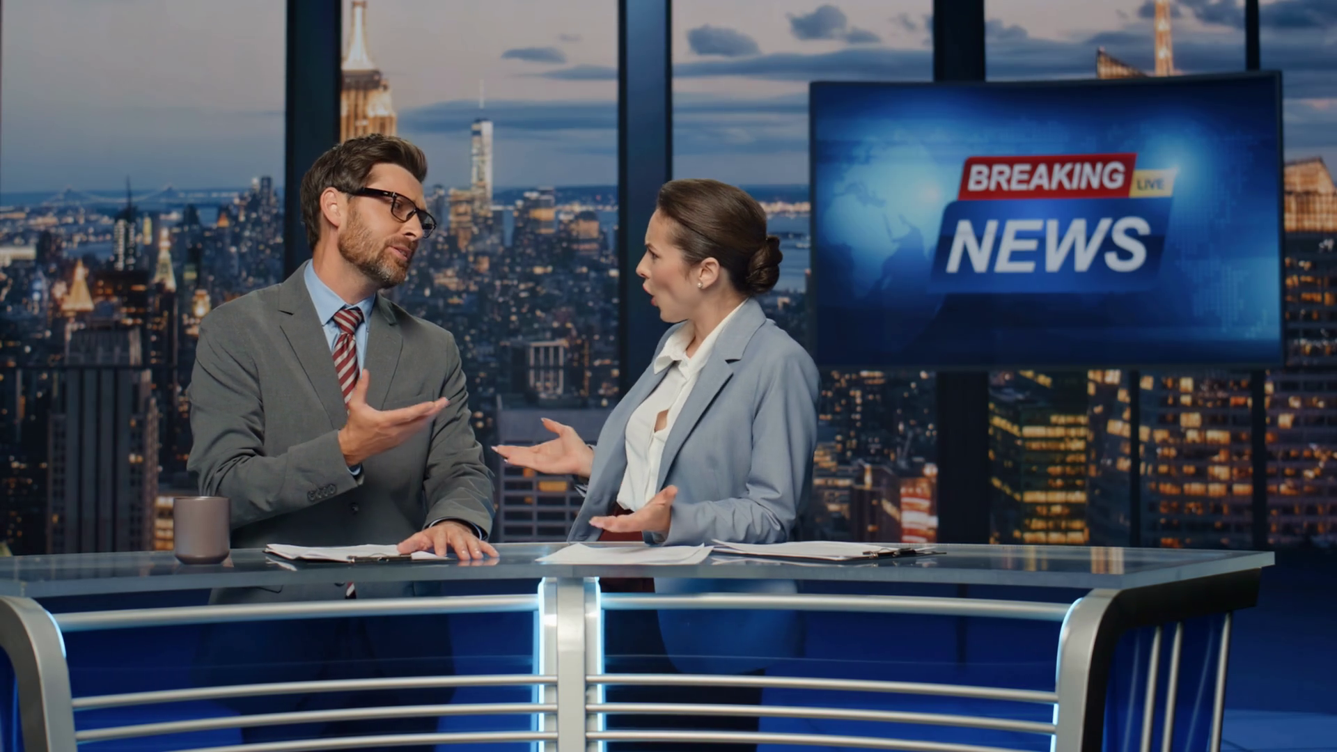 Emotional News Readers Discussing Live Tv Stock Footage SBV-348856544 ...