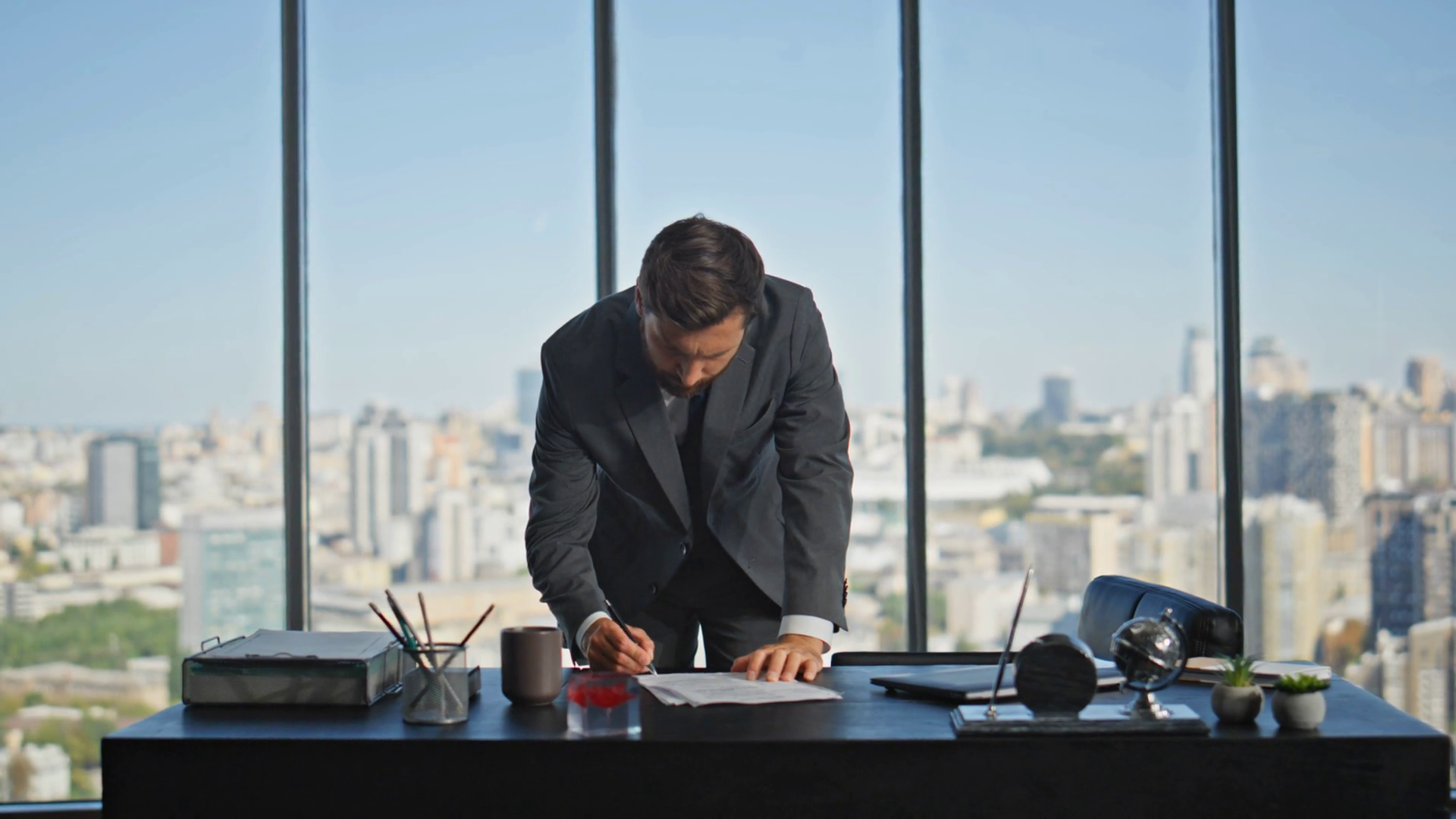 Executive Looking Office Window At Cityscape Stock Footage SBV ...