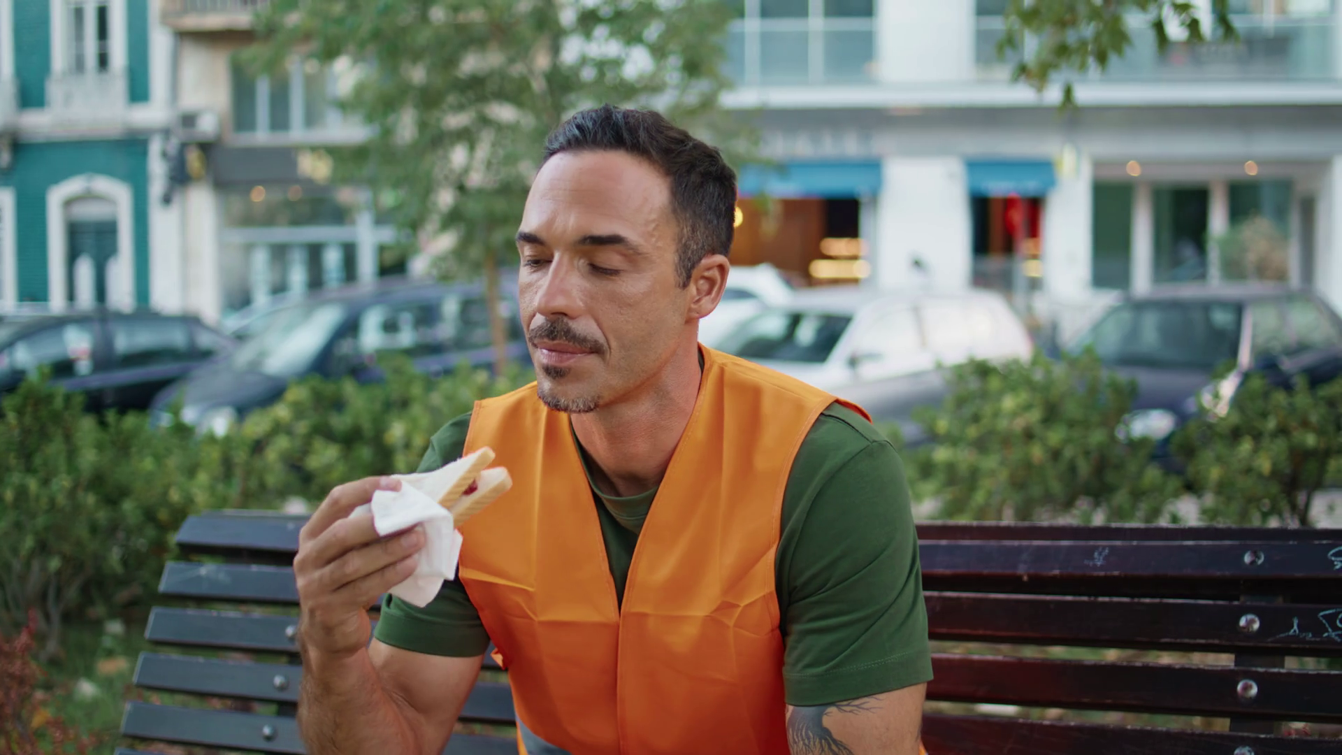 Uniform Guy Eating Food Enjoying Break At Stock Footage SBV-348904813 ...