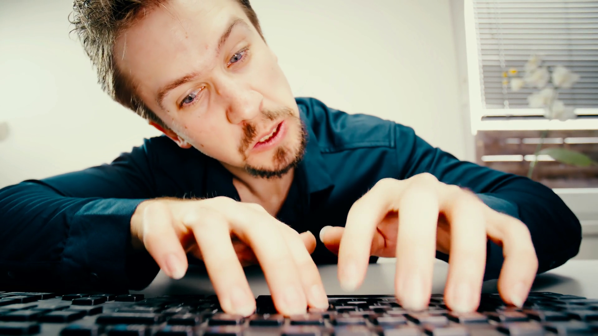 Man Evil Laugh Typing On Keyboard 4k Low Stock Footage SBV-353157322 ...