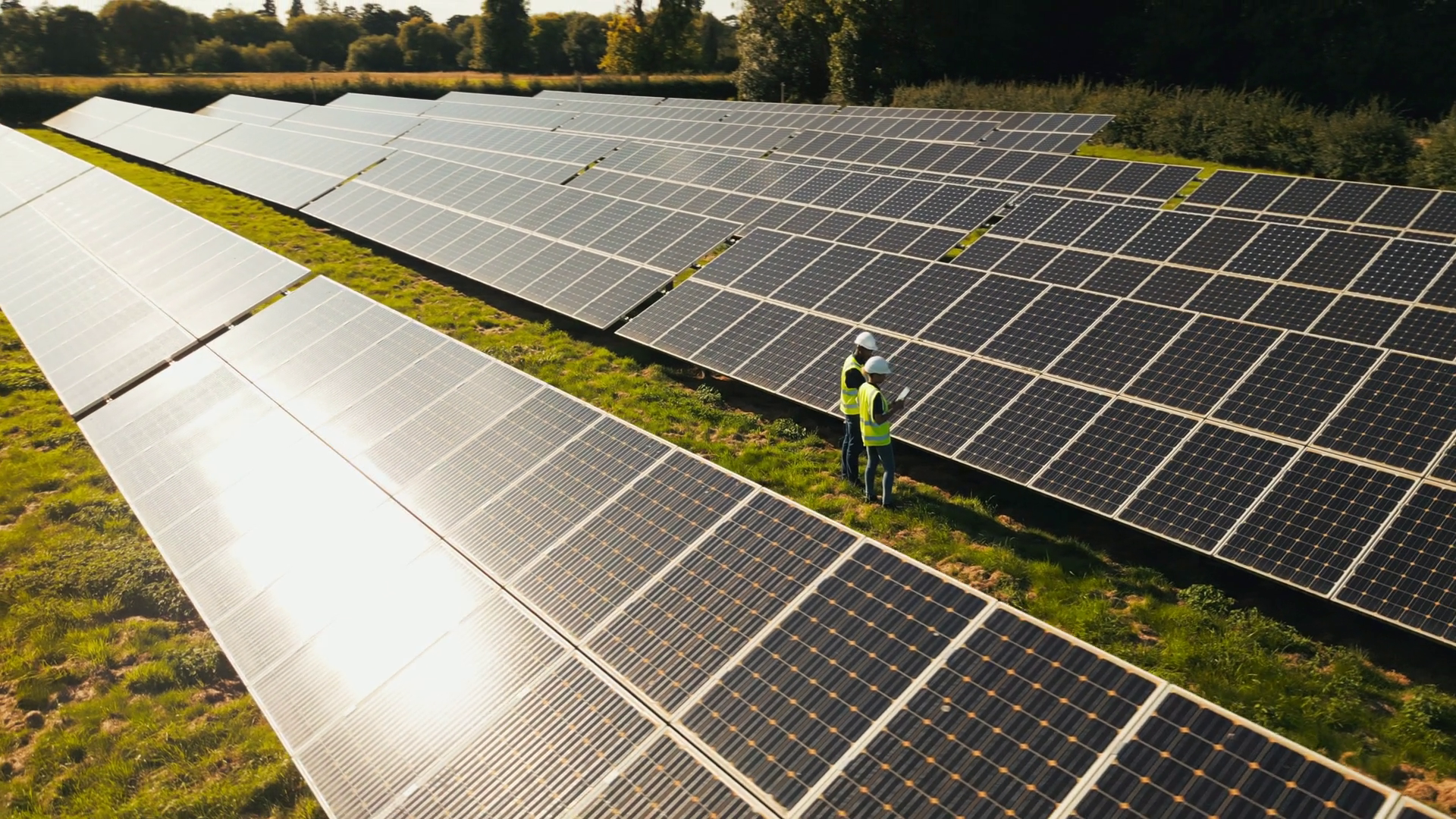 Drone Shot Of Engineers Inspecting Solar Stock Footage SBV-348849113 ...