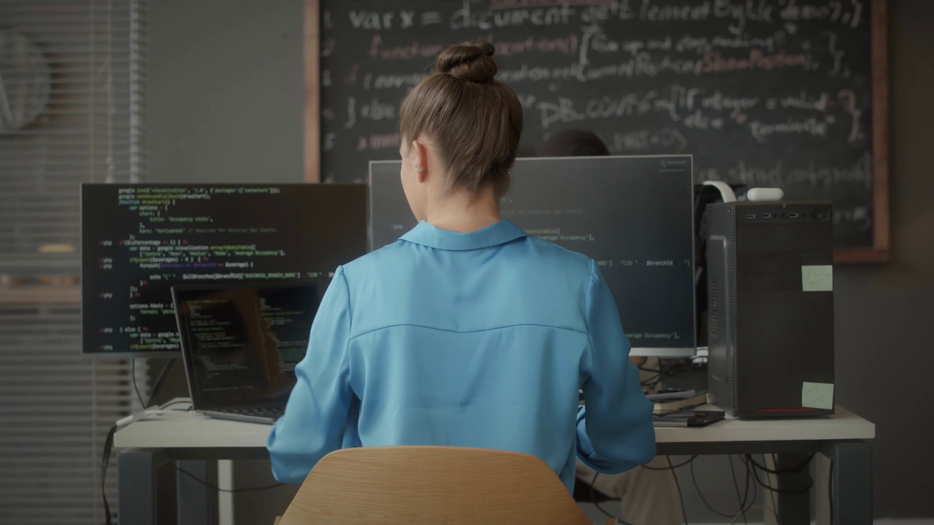 Back View Zoom Out Of Female Programmer Stock Footage SBV-348826911 ...