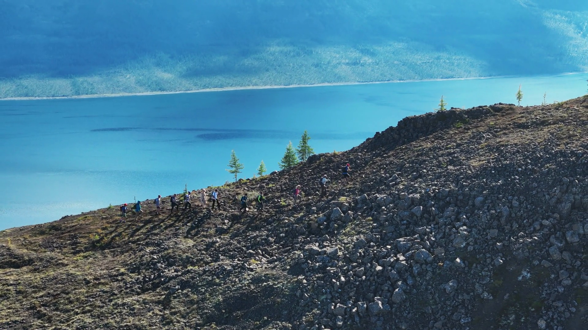 Aerial View Of Hikers Climbing Rocky Ridge Stock Footage SBV-352941120 ...