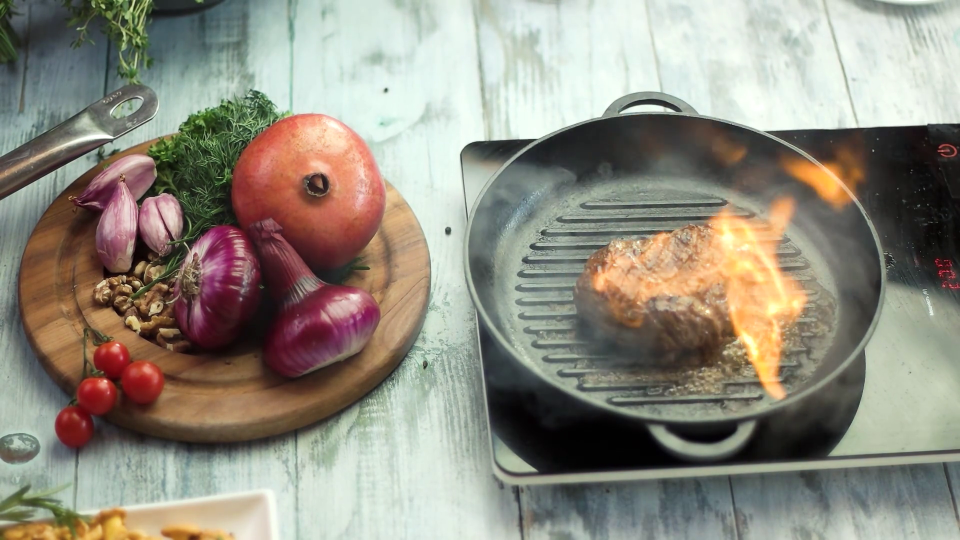 Flambe Steak In Slow-mo Wooden Table With Stock Footage SBV-312682985 ...