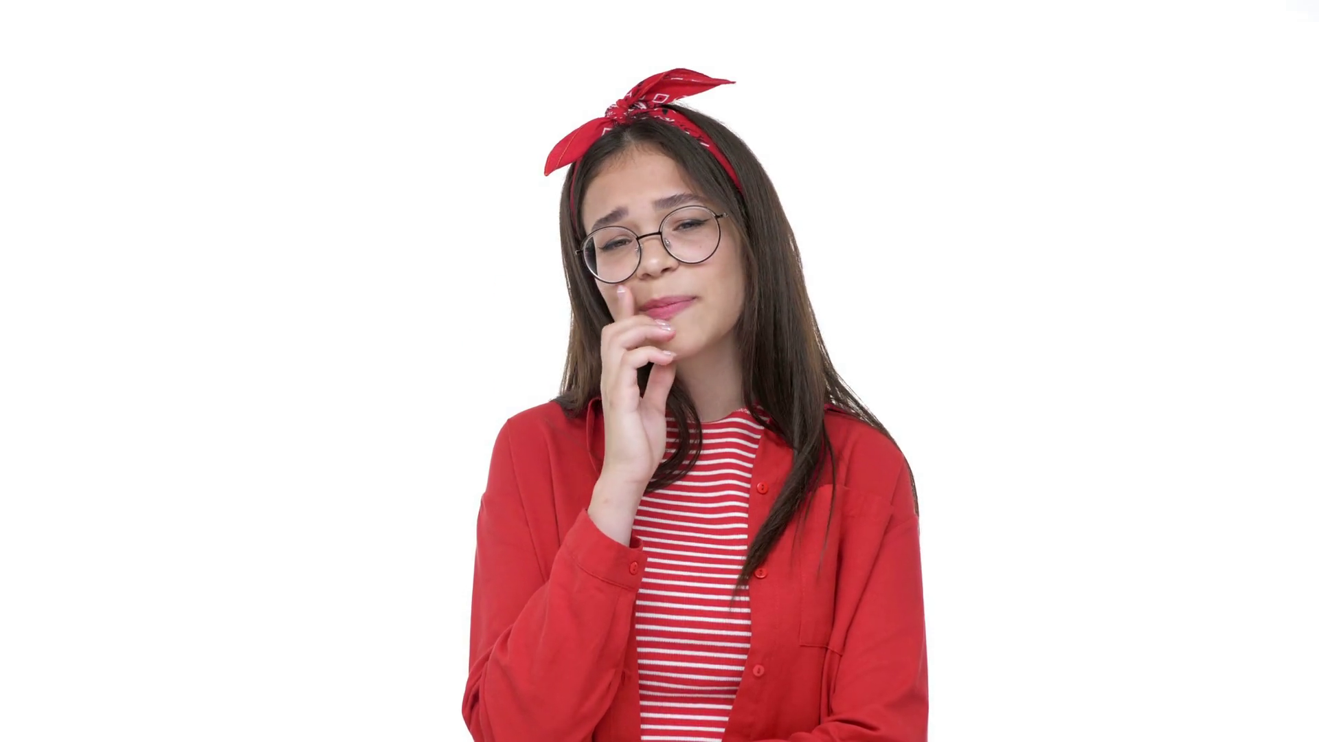 Cute Thoughtful Young Girl In Red Shirt Does Stock Footage SBV