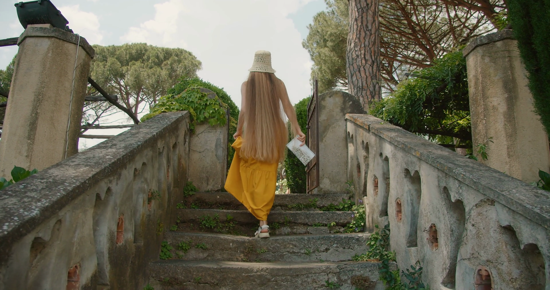 A Woman Walks Up Stone Staircase In Lush Stock Footage SBV-349038352 ...