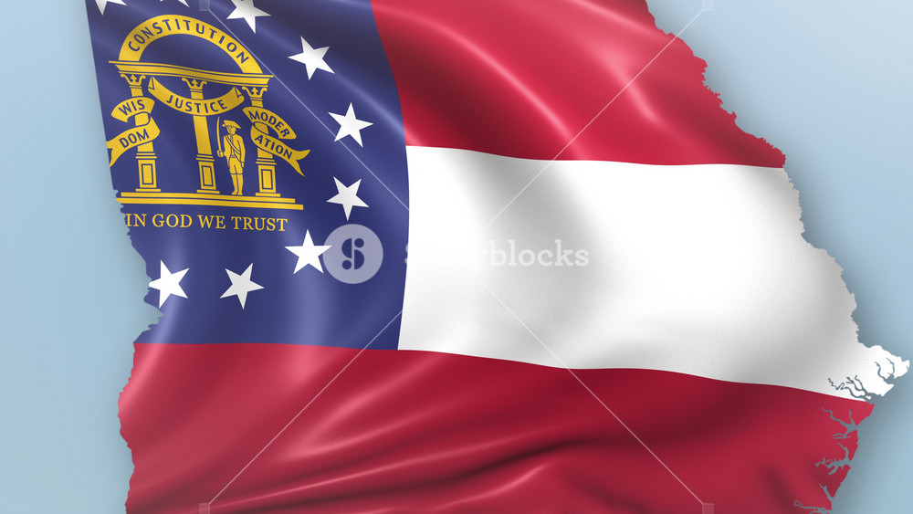 US State of Georgia Flags zooming in and Forming the state border map intro which is useful for news, political events, sports intros and presentation.