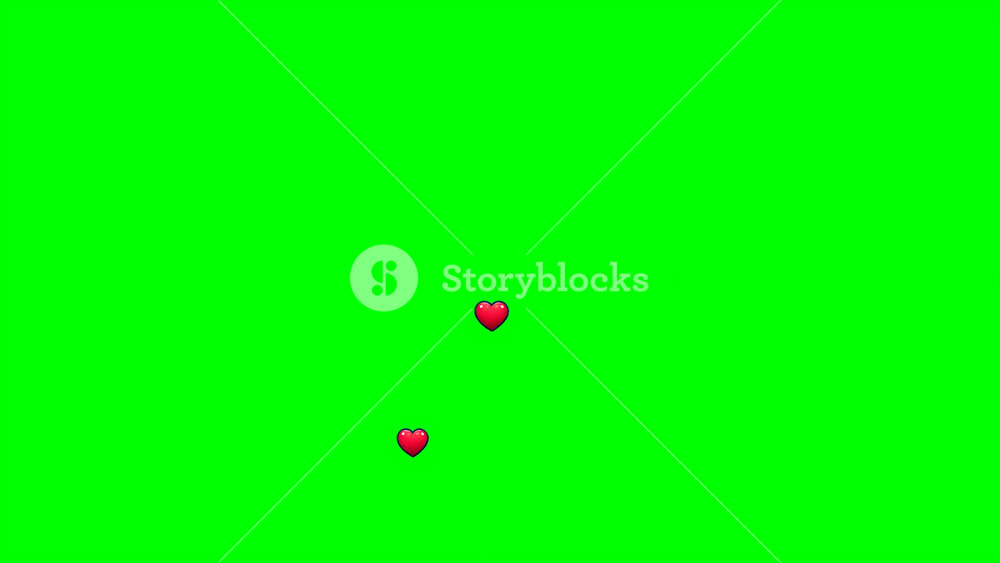 Social media Like and Love emoji icons emanating from the bottom of the screen and floating to the top of the screen; chroma key green background for easy replacement. Icons are a custom creation