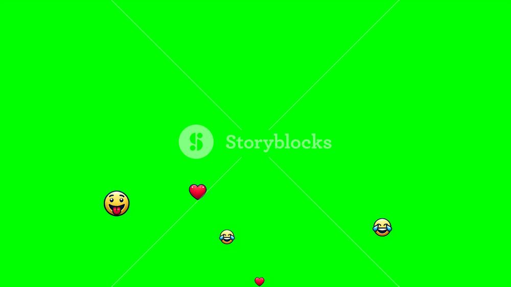 Social media emoji icons emanating from the bottom of the screen and floating to the top of the screen; chroma key green background for easy replacement. Icons are a custom creation