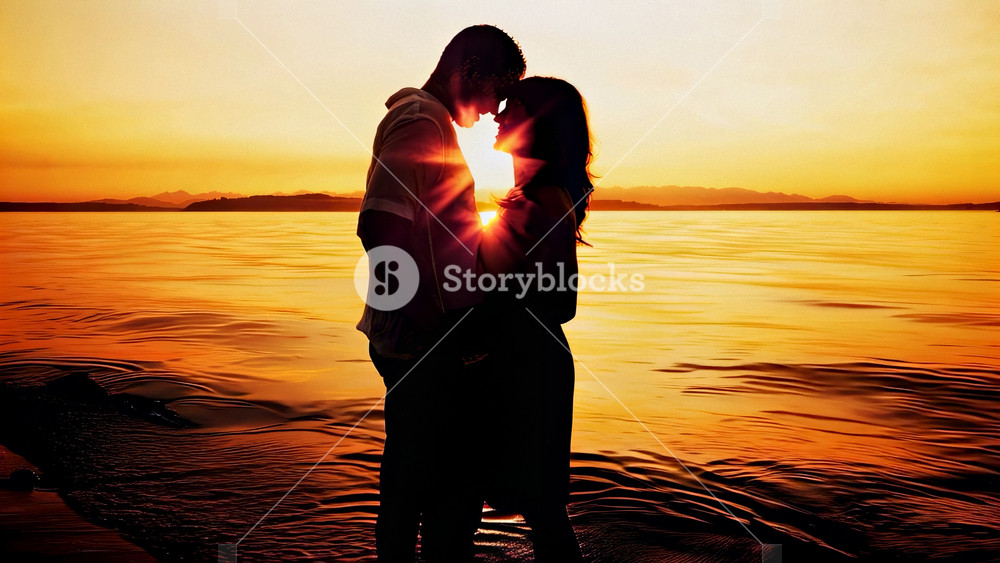 Silhouette of a young couple in love, sharing a loving embrace with the sun shining between them and gentle Puget Sound waves lapping at their feet