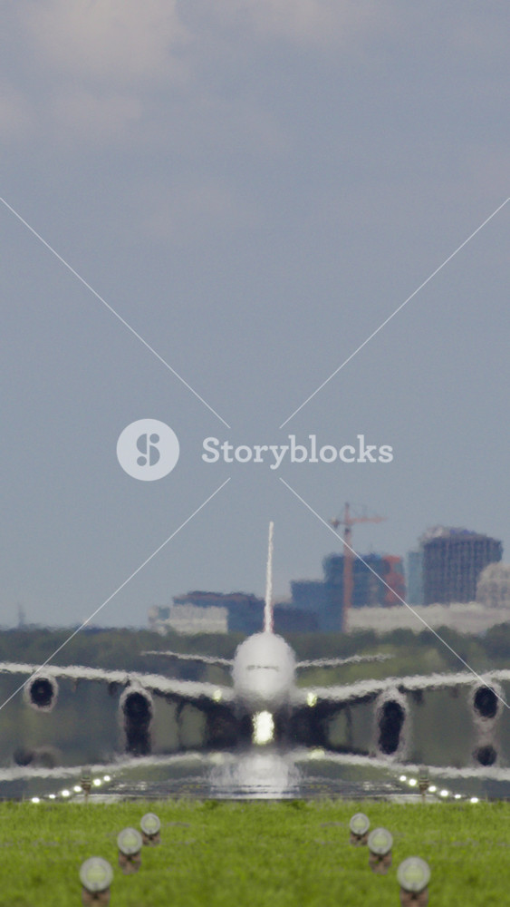 Powerful white Airbus A380 climbing skyward after departing airport runway, urban landscape spreading beneath wide aircraft wings