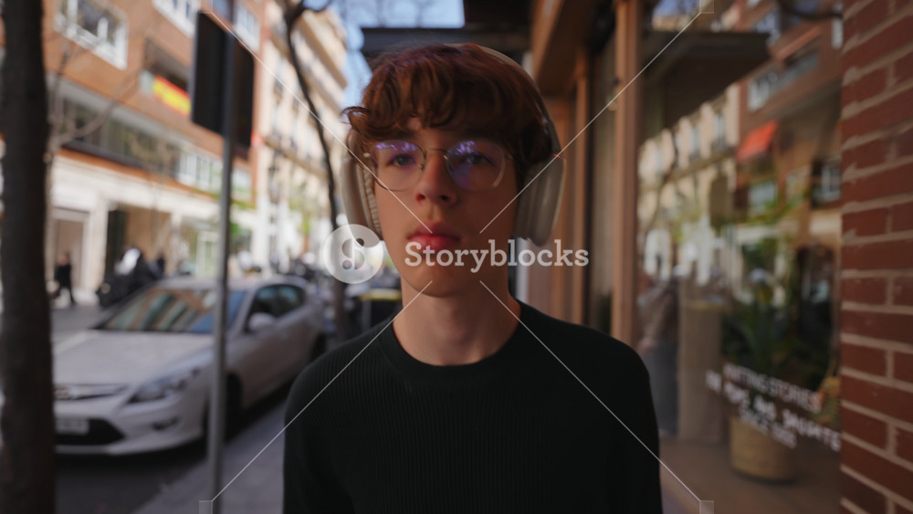 A confident young man with glasses and white headphones walks directly towards the camera on a bustling European city street. The sun casts
