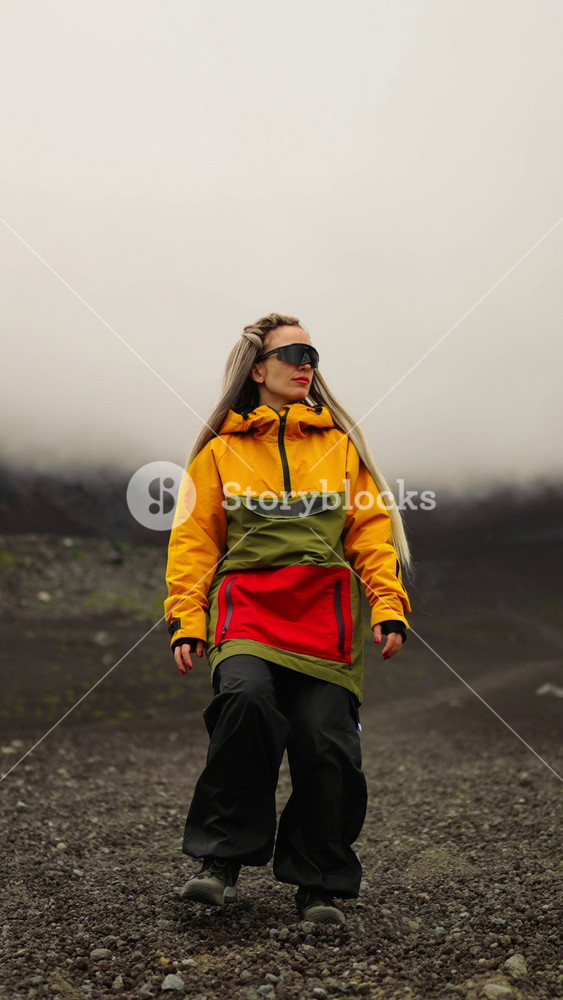 A Person in Vibrant Outdoor Gear Walking Confidently on a Rocky Terrain Amidst Foggy Surroundings, Showcasing Modern Fashion in Nature