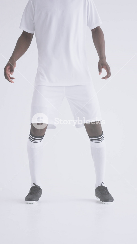 Portrait and full-body images of a male football player wearing a white sports uniform, holding a classic black and white soccer ball