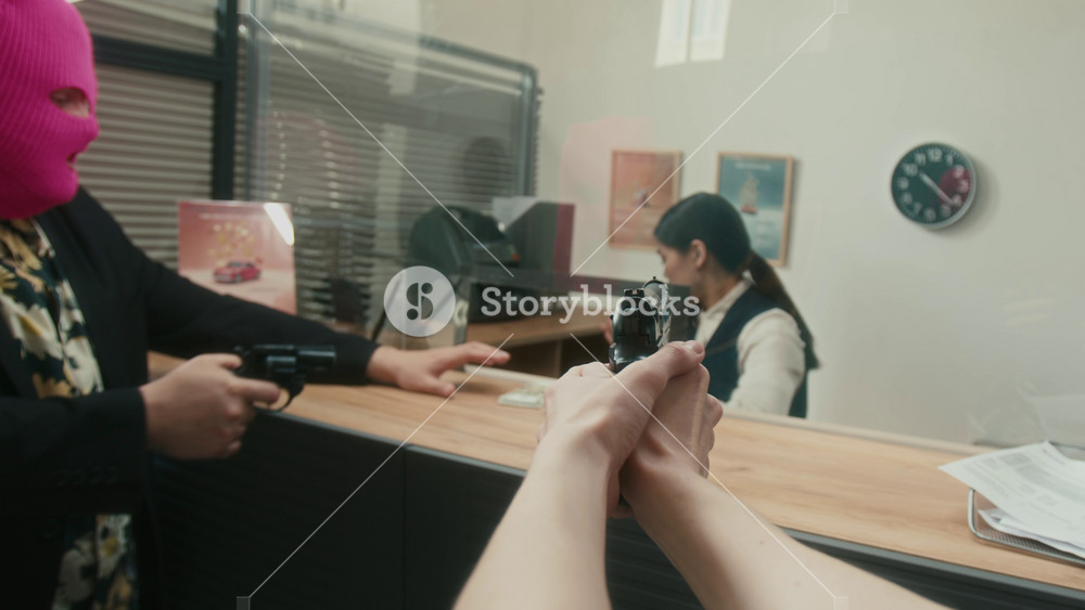 POV shot of female criminal robbing bank pointing gun at hostages then at cashier demanding money in cash working with male accomplice wearing balaclava