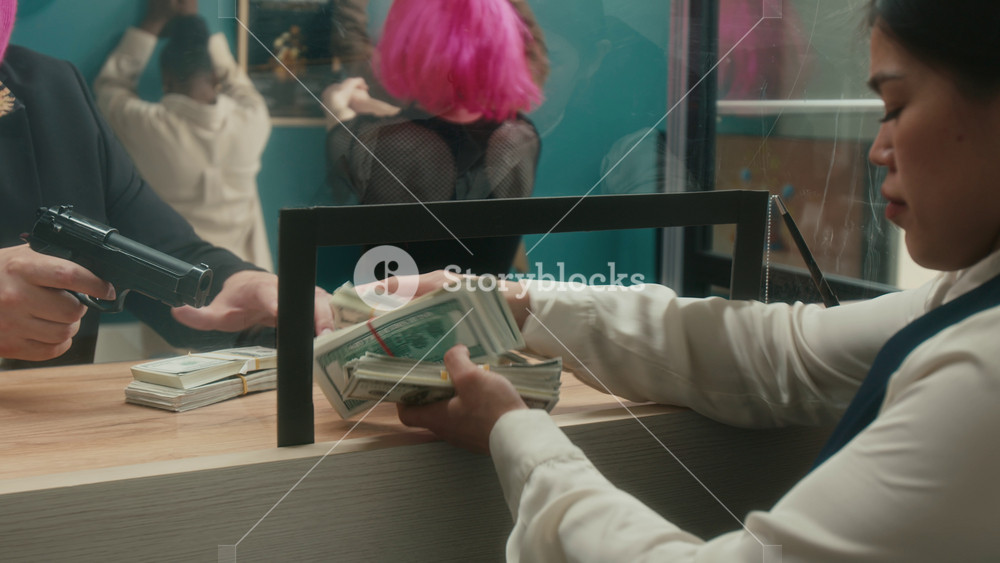Medium shot of female bank cashier at tellers counter giving out money in cash to masked male robber pointing gun at woman then calling police with shaking hands