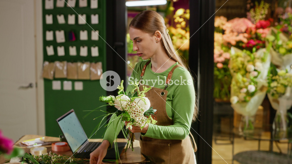 Young adult Caucasian woman florist arranging fresh flower bouquet in shop while using laptop. Clip is ideal for small business marketing, e-commerce flower delivery and entrepreneurship promos