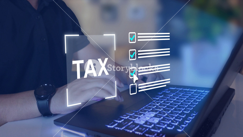 Tax calculation and financial accounting concept. Online taxes, VAT, income, budget planning and digital finance management.