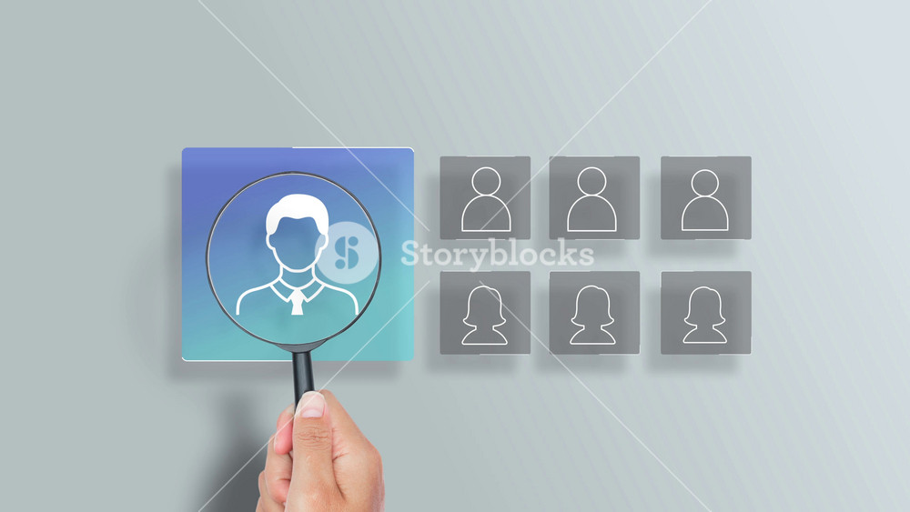 Magnifying glass focusing on human resource manager, HR, or CRM. concept of company service to recruit customers, network links worldwide, hiring, and recruitment process manage.