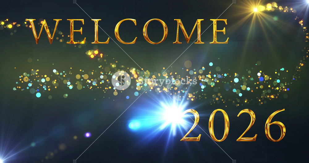 Gold Welcome 2026 Happy New Year Announcement animation in 4K. Fairy dust revealing gold lettered text company content business firm wishing bg. Greeting card banner for social media posts festive bg