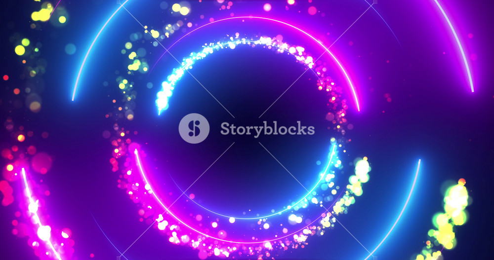 Lens flare particles neon circles moving glowing on dark background 4K. Glittering energetic portal faith futuristic presentation bg. Mystical nebula galaxy colors lighting, space ethereal spiritual.