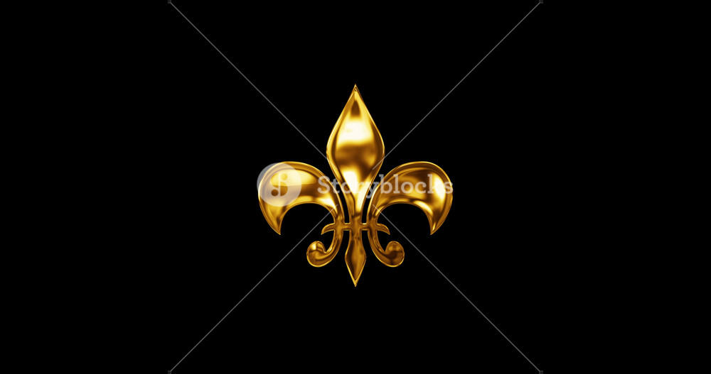 Royal heraldic emblem Golden Fleur-de-Lis Symbol on black background shining. 4K Luxury symbol representing loyalty and nobility Lily symbol ornamental coat of arms. European French Baroque logo.
