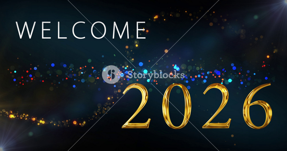 Welcome 2026 cinematic gold text revealing with fairy dust fx 4K. Festive season digital wishes background animation. Holiday greeting card front design. 3d Render luxury royal themed text reveal.