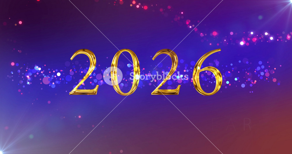 Sparkling wave fairy dust moving magical glittering Gold Happy New Year 2026. Shiny new year's eve greetings social media post card animation. Winter promos, holiday festive season.