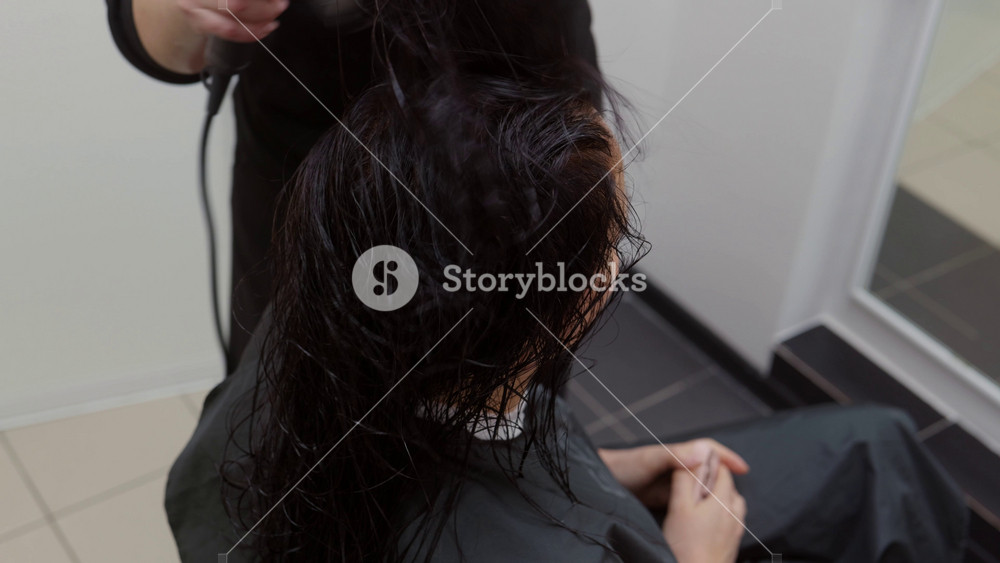 Professional hairdresser carefully blow drying wet hair of female client, showcasing precise hair styling techniques and salon service with