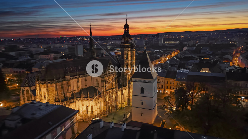 Sunset over Slovakia's historic Kosice cityscape. Aerial view of St. Elisabeth Cathedral in Kosice, Slovakia during epic sunset. HDR 4K shot