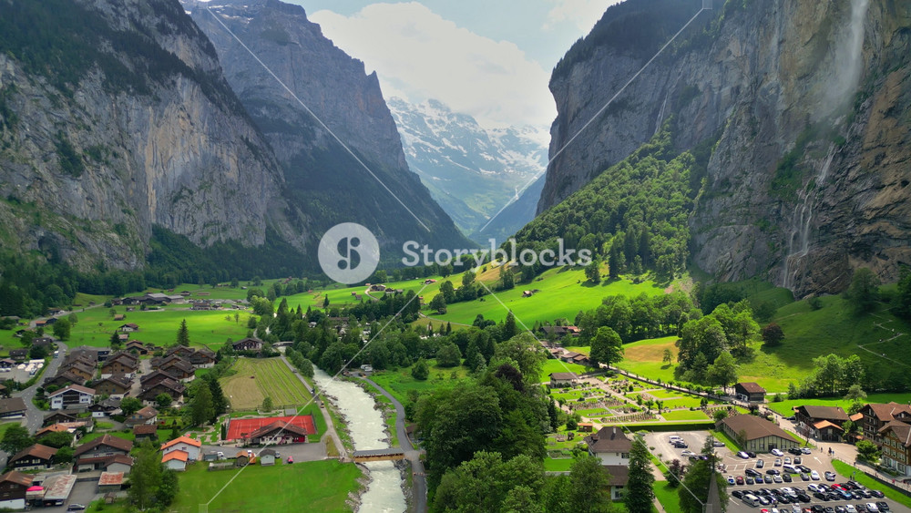 Aerial view of Lauterbrunnen valley in Switzerland. Gorgeous mountains with glaciers, waterfalls and valley - nature of Swiss Alps. Swiss