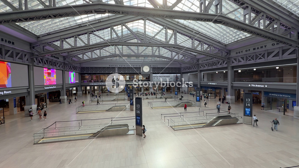 NEW YORK CITY - October 7, 2025 - An interior establishing shot view of the newly renovated Penn Station in Manhattan. 14881