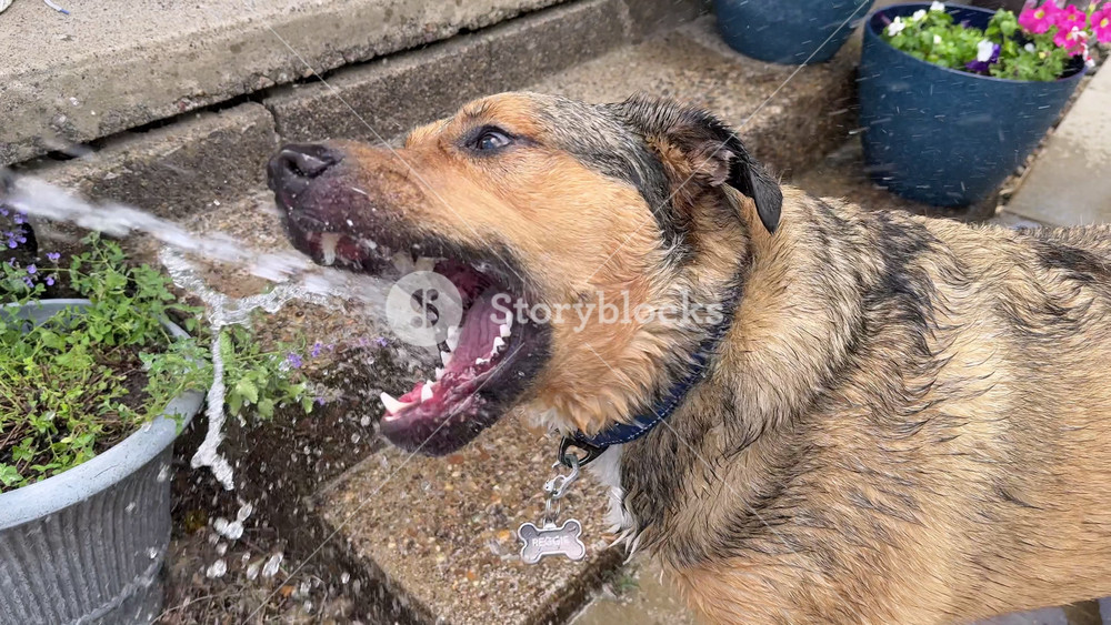 Playful cute dog bites at a stream of water from a garden hose on a summer day. Fun backyard pet activity with splashing water and outdoor recreation. Slow motion shot at 120fps. 15210