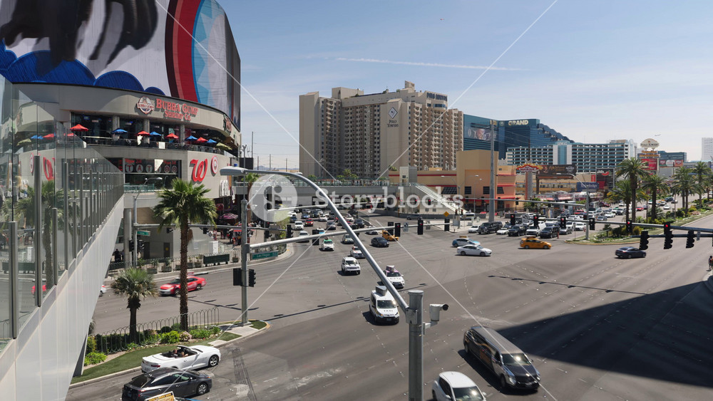 LAS VEGAS - Circa April, 2019 - A daytime high angle exterior establishing shot of activity on the Las Vegas Boulevard near the MGM Grand Casino and Resort.