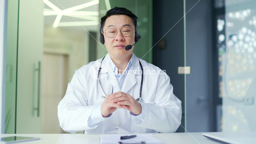 Webcam view. Asian doctor in headset talking on video call using laptop in hospital clinic. Male medical worker physician communicates remotely at an online conference in the office looking at camera