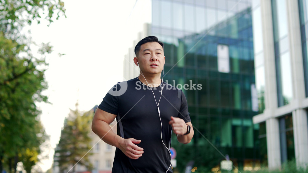 Asian athlete runner running on a modern urban background of buildings a city street. Sporty man jogger in headphones jogging outdoors looking at the result of a fitness tracker bracelet or smartwatch