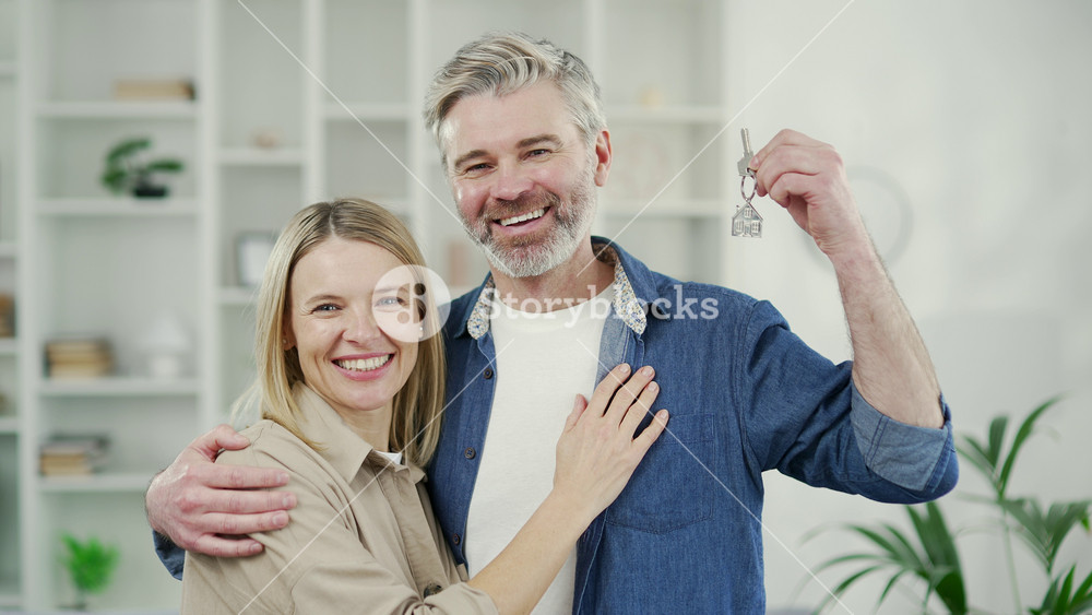 Portrait of Happy married couple, owners of a new apartment with the key of new house looking at camera. Mature wife and husband hug and smile, rejoicing in their new home, standing in the living room