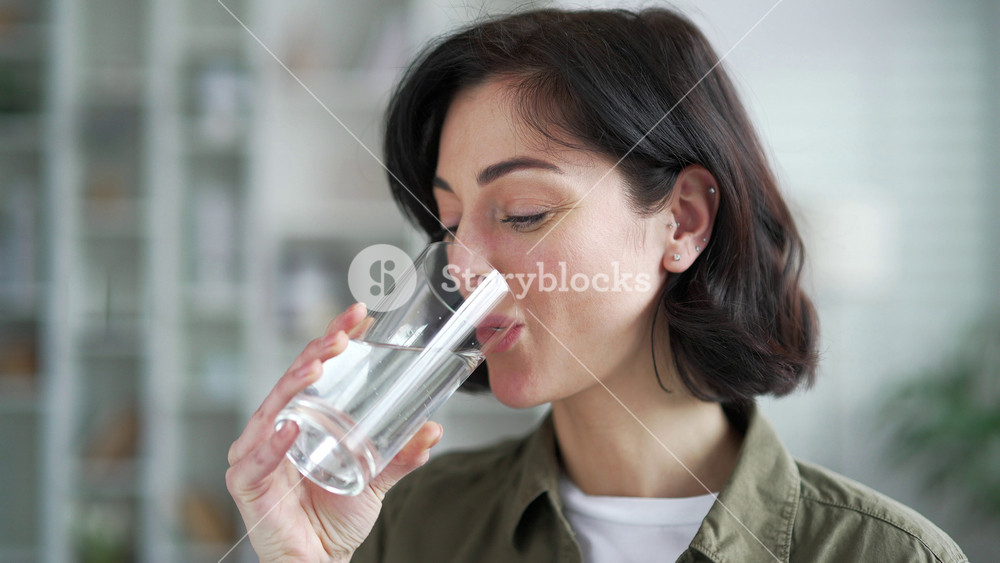 Young adult woman drinks water from a glass in living room at home. Happy smiling female with dark hair feeling relieved, enjoying a clean cool drink, relaxing and resting. Healthy lifestyle. Close up
